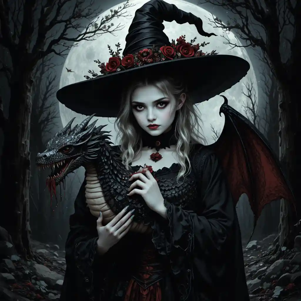 Gothic witch girl cradling a dragon in moonlit forest