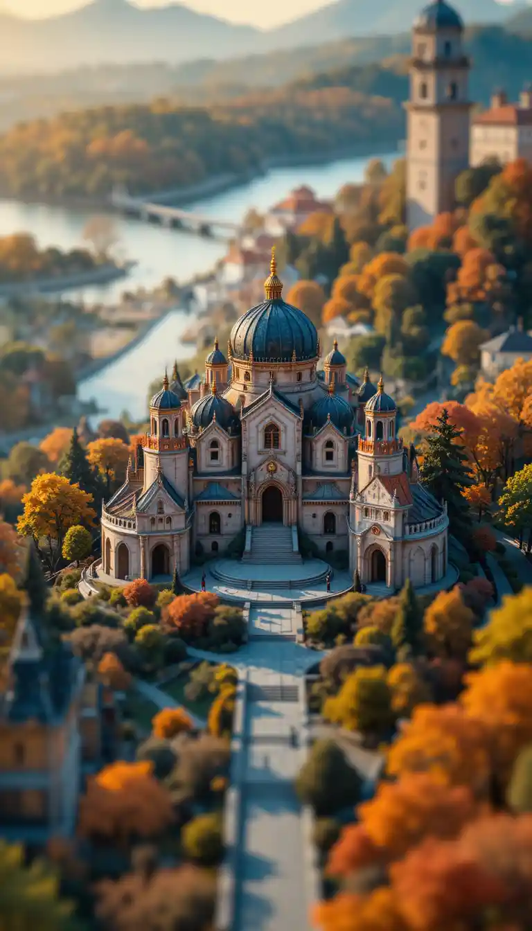 Tilt shift cityscape from a high vantage point at sunset