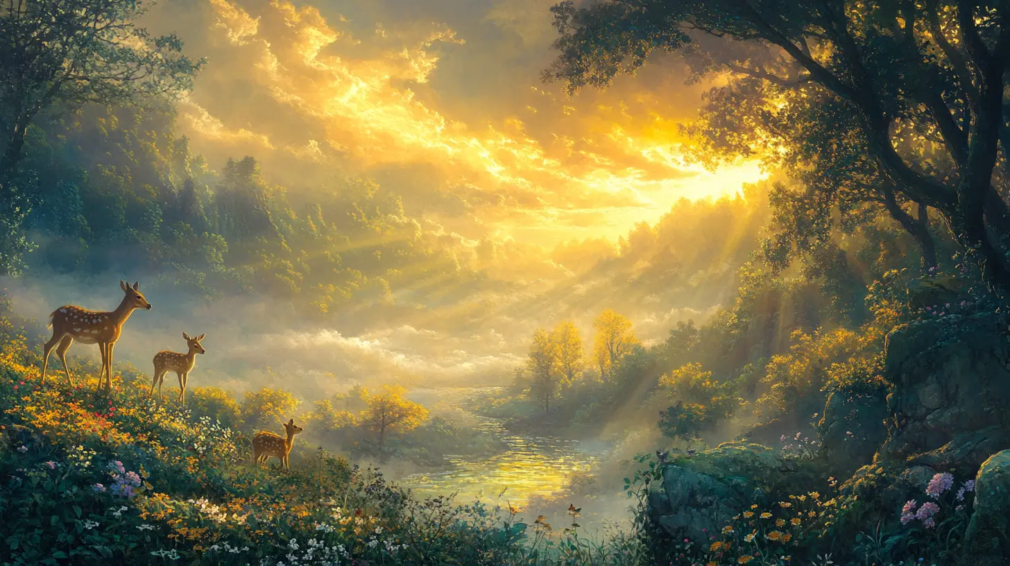 Sunrise over misty mountain forest with deer by stream