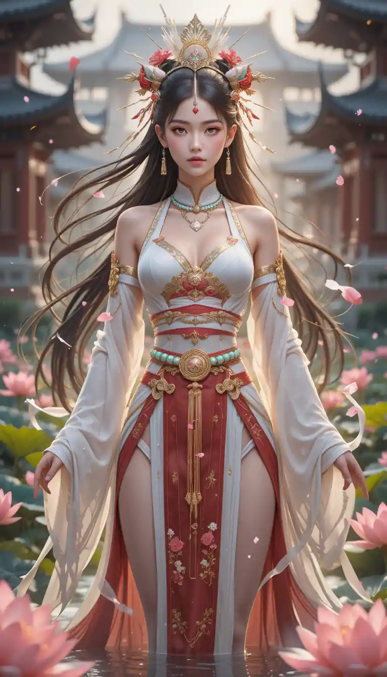 Masked anime warrior woman in a serene lotus pond