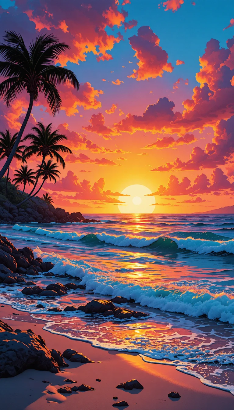 Hawaiianischer Strand-Sonnenuntergang mit Wasserfall und Palmensilhouetten