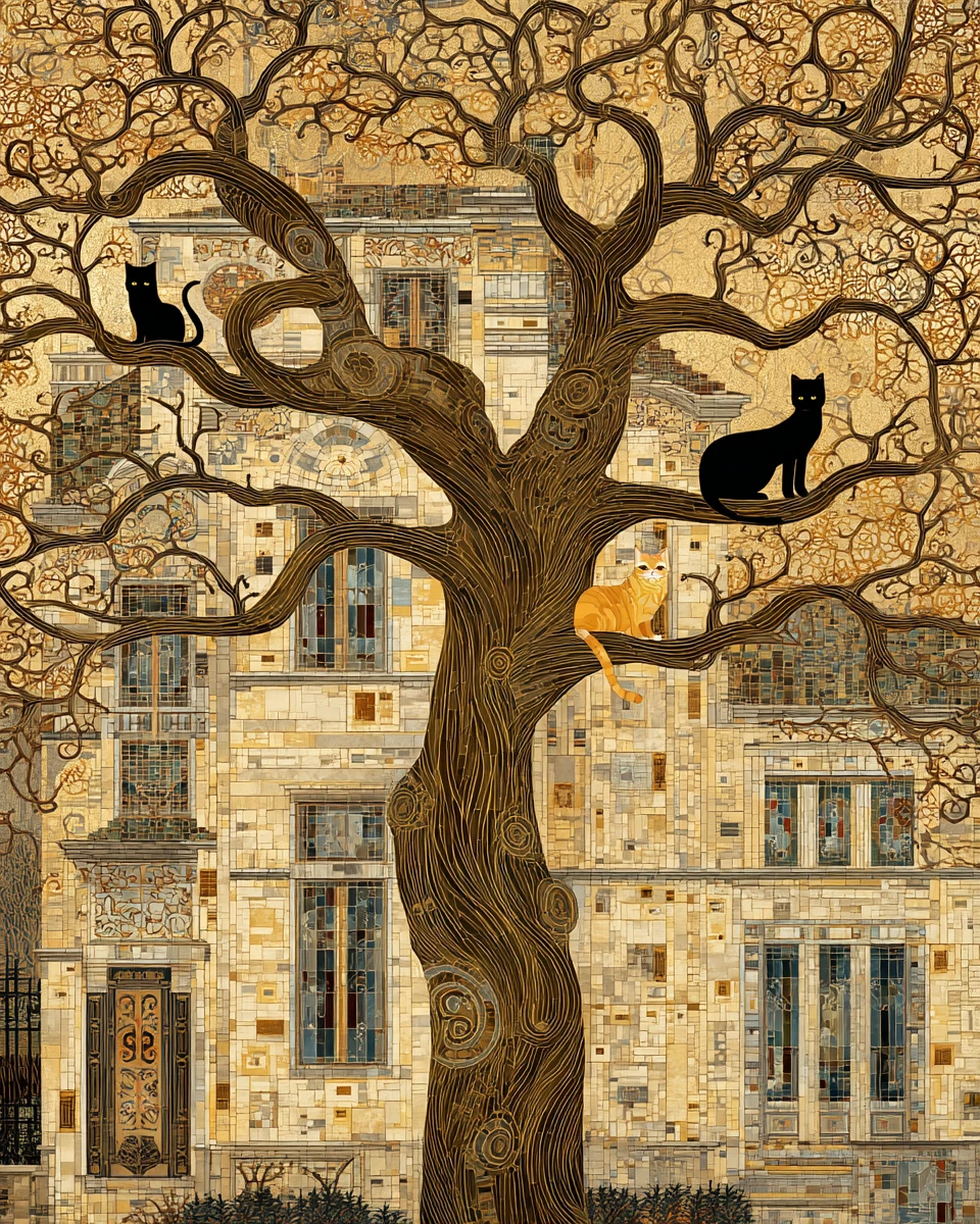 Decorative autumn tree and cats before a stone apartment building