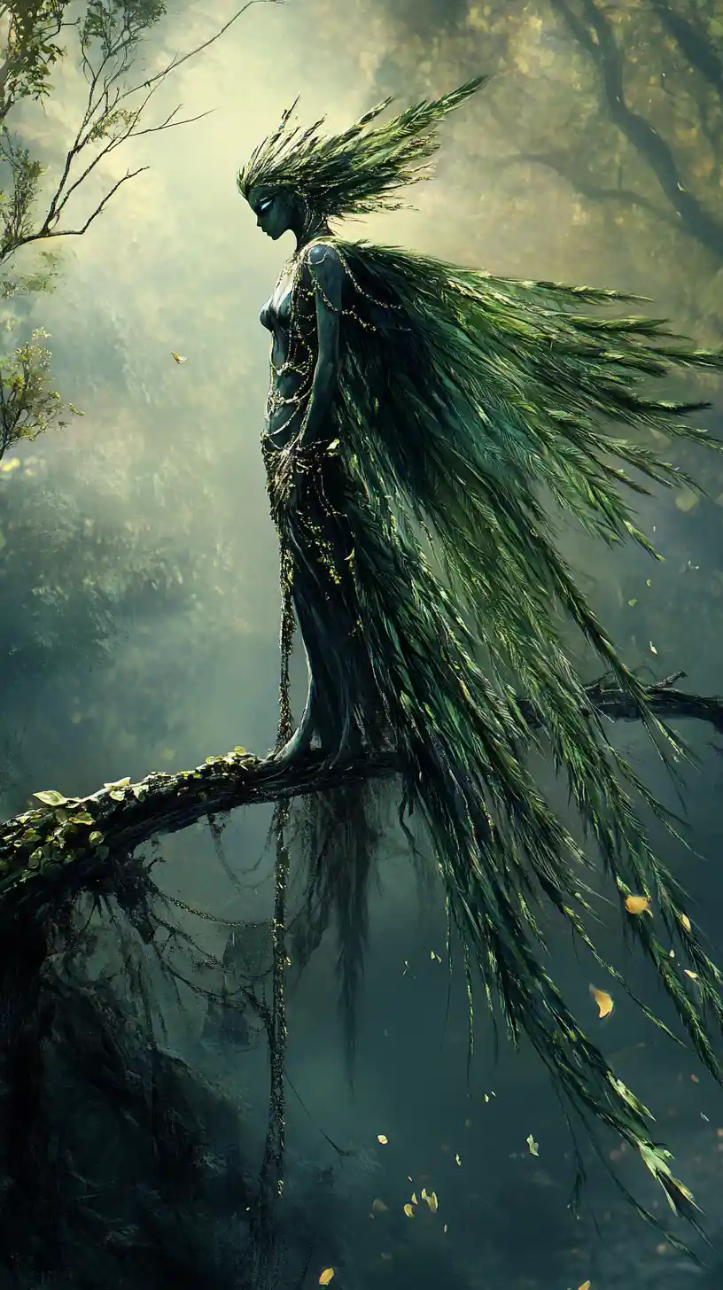 Graceful green fairy standing poised on a forest branch
