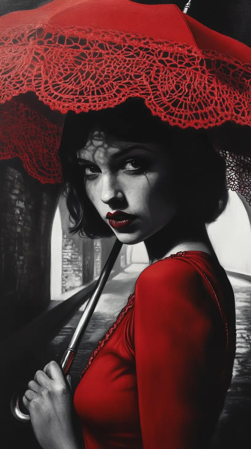 Sad woman in red with lace umbrella by a bridge