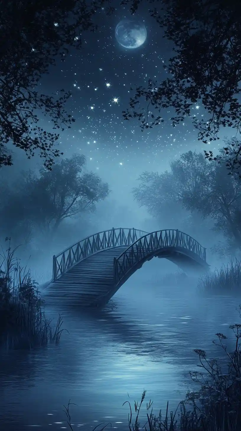 Ätherische Brücke über einem ruhigen mondbeschienenen See bei Nacht