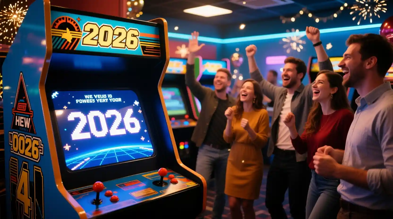 Amici che festeggiano il Capodanno in una scena arcade retrò