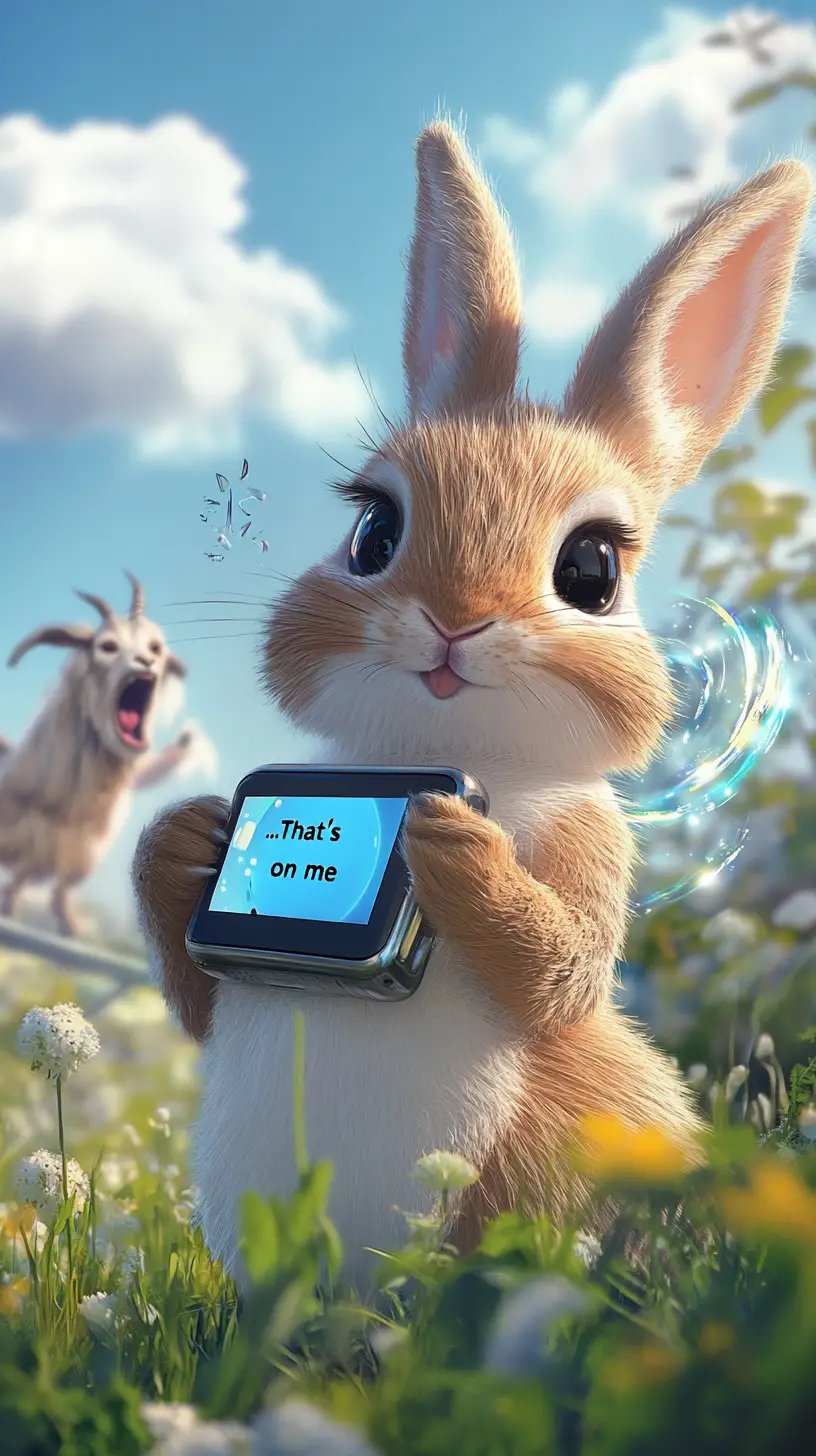 Curious rabbit tapping a smartwatch with glowing meadow portal