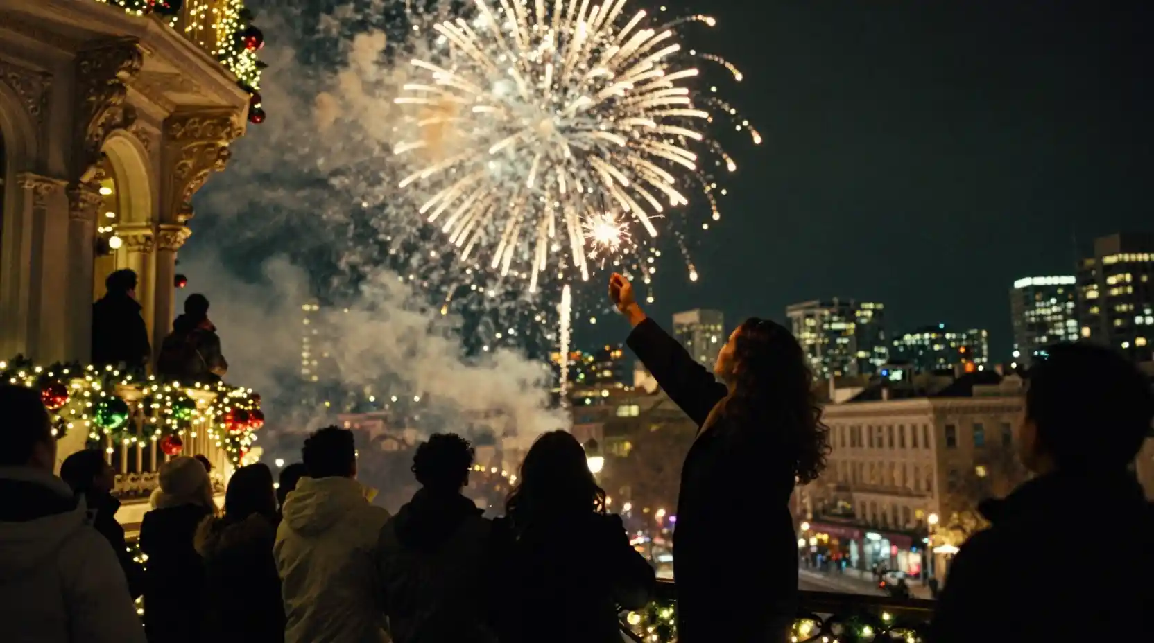 Festive crowd watching fireworks from a city balcony