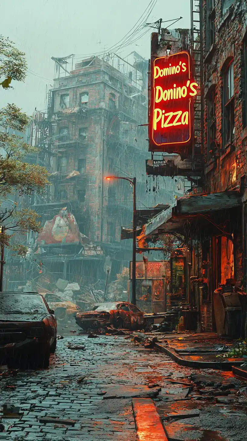 Rua de cidade pós-apocalíptica com letreiro de pizza em néon brilhante