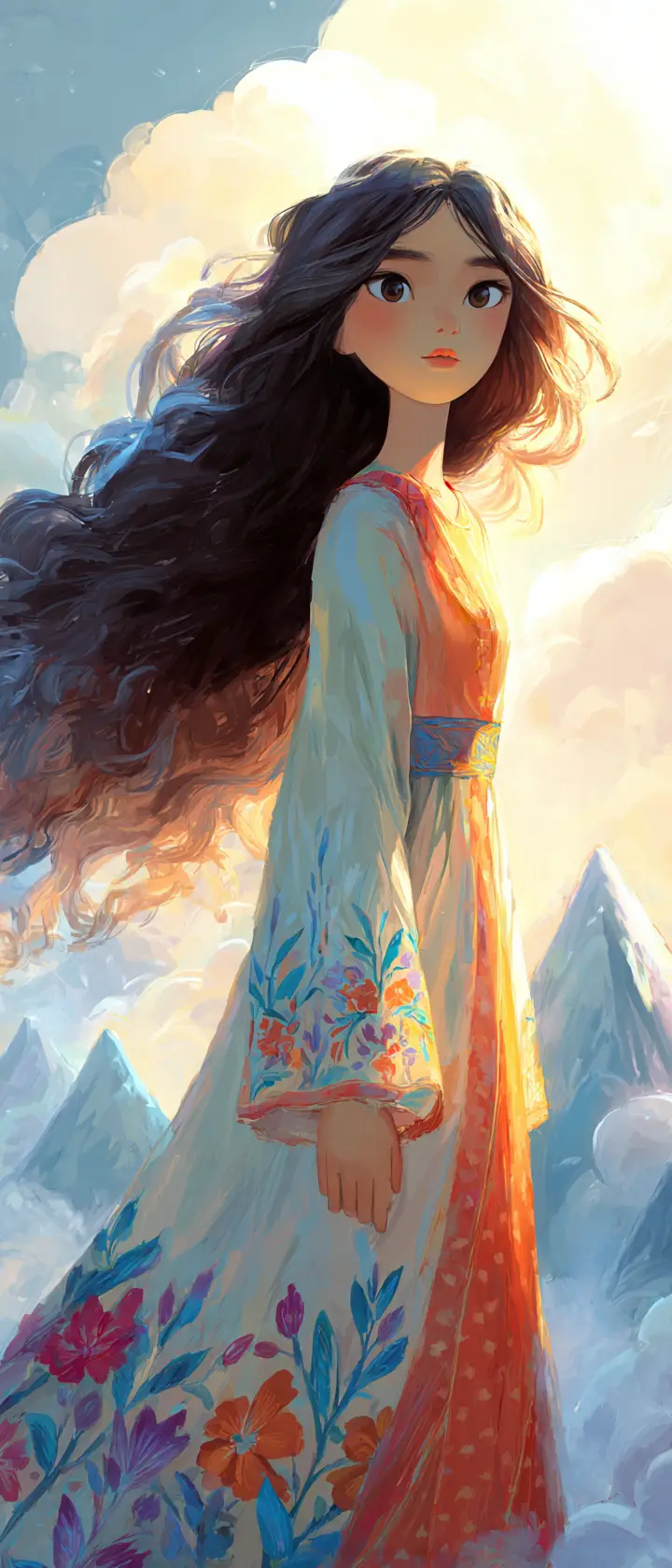 Dreamlike girl in floral dress among pastel clouds