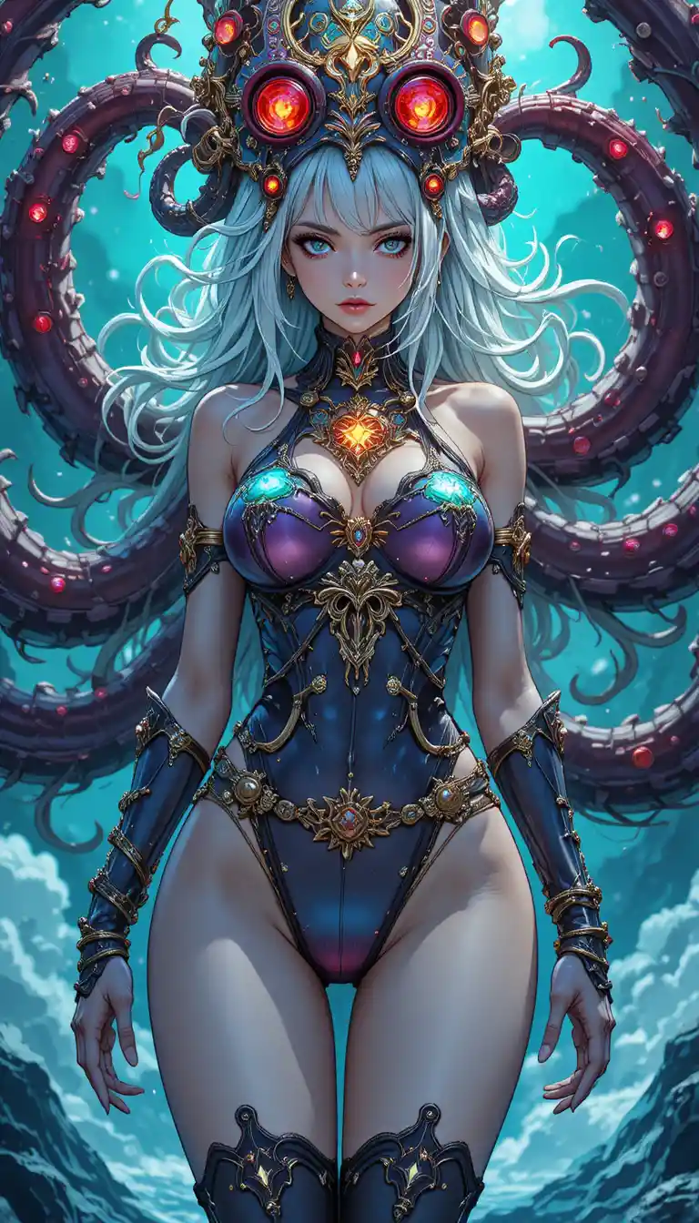 Anime jellyfish warrior woman with glowing tentacle armor