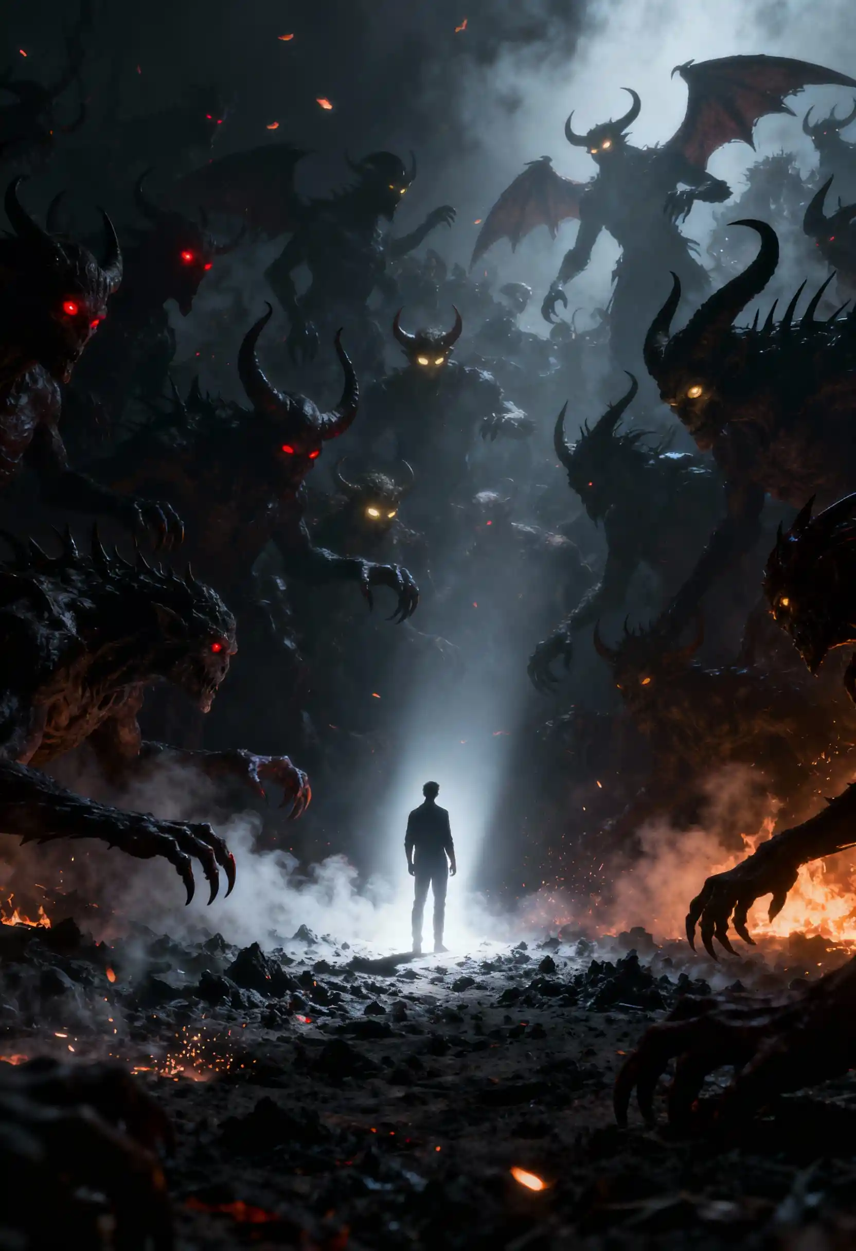 Lone human facing a vast horde of shadowed demons