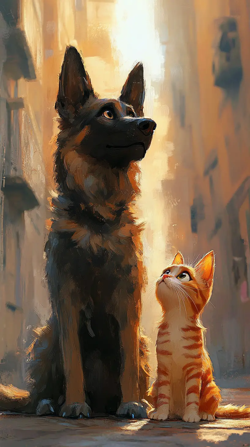 Curious dog and cat in a soft post apocalyptic cityscape