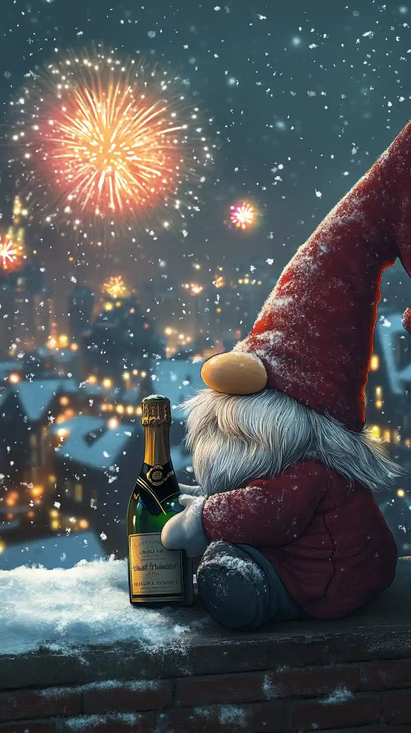 Dolce gnomo con champagne che guarda i fuochi d'artificio di Capodanno in città