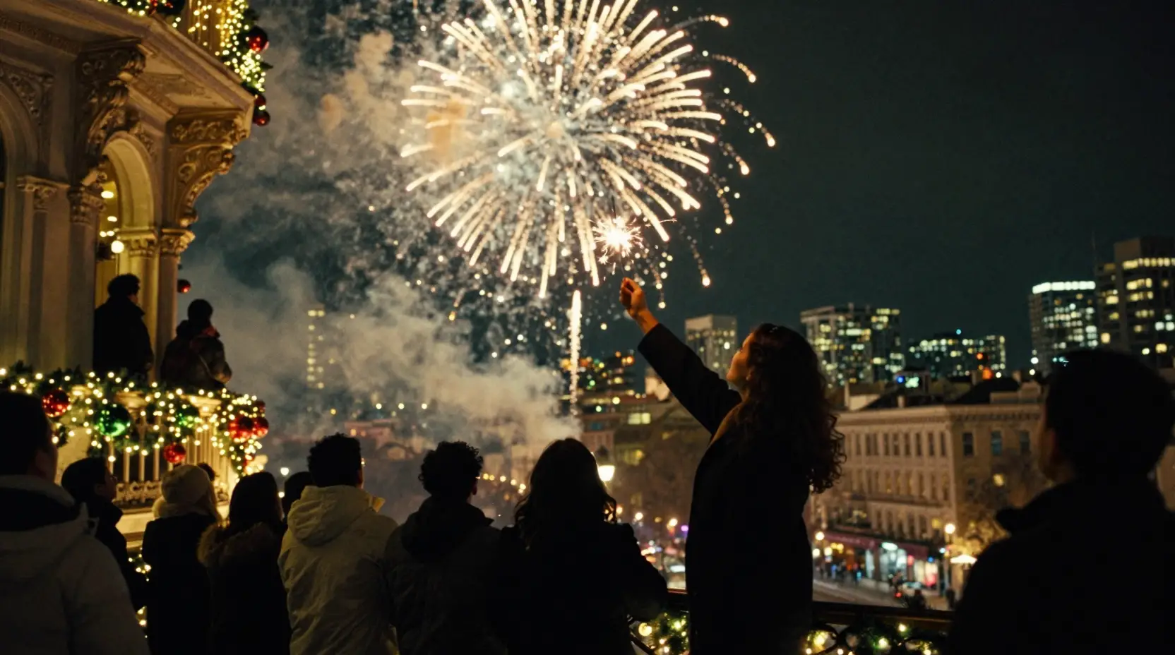 Festive crowd watching fireworks from a city balcony