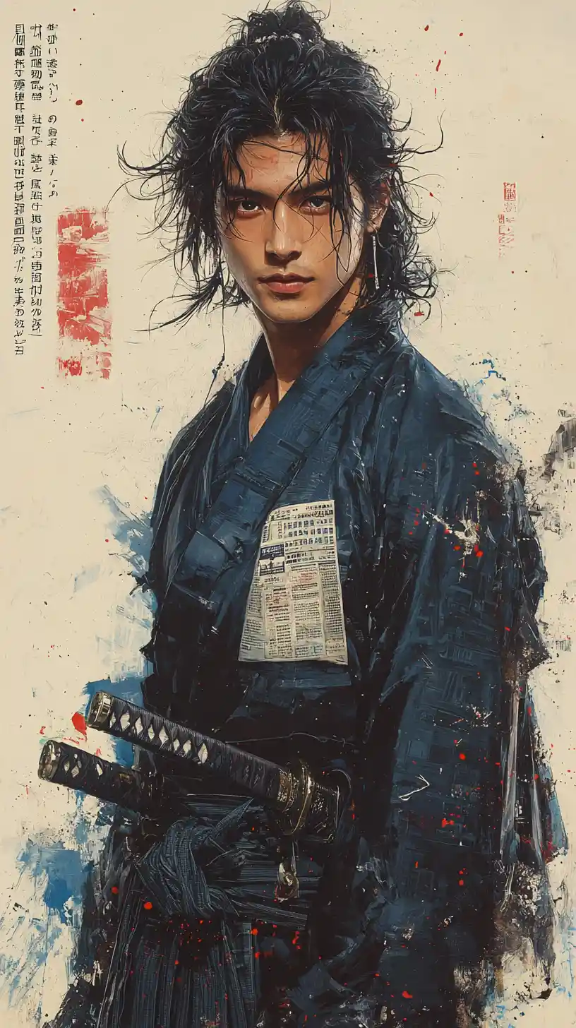 Anime-Soldat im blauen Uniform mit Katana im Profil