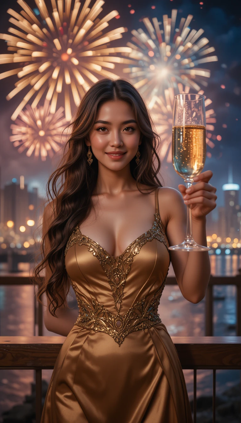 Woman in gold dress toasting champagne with fireworks