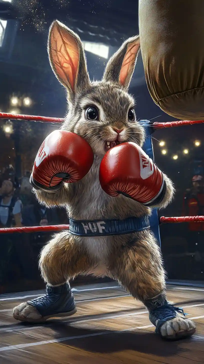 Cute rabbit boxer training hard in a boxing ring