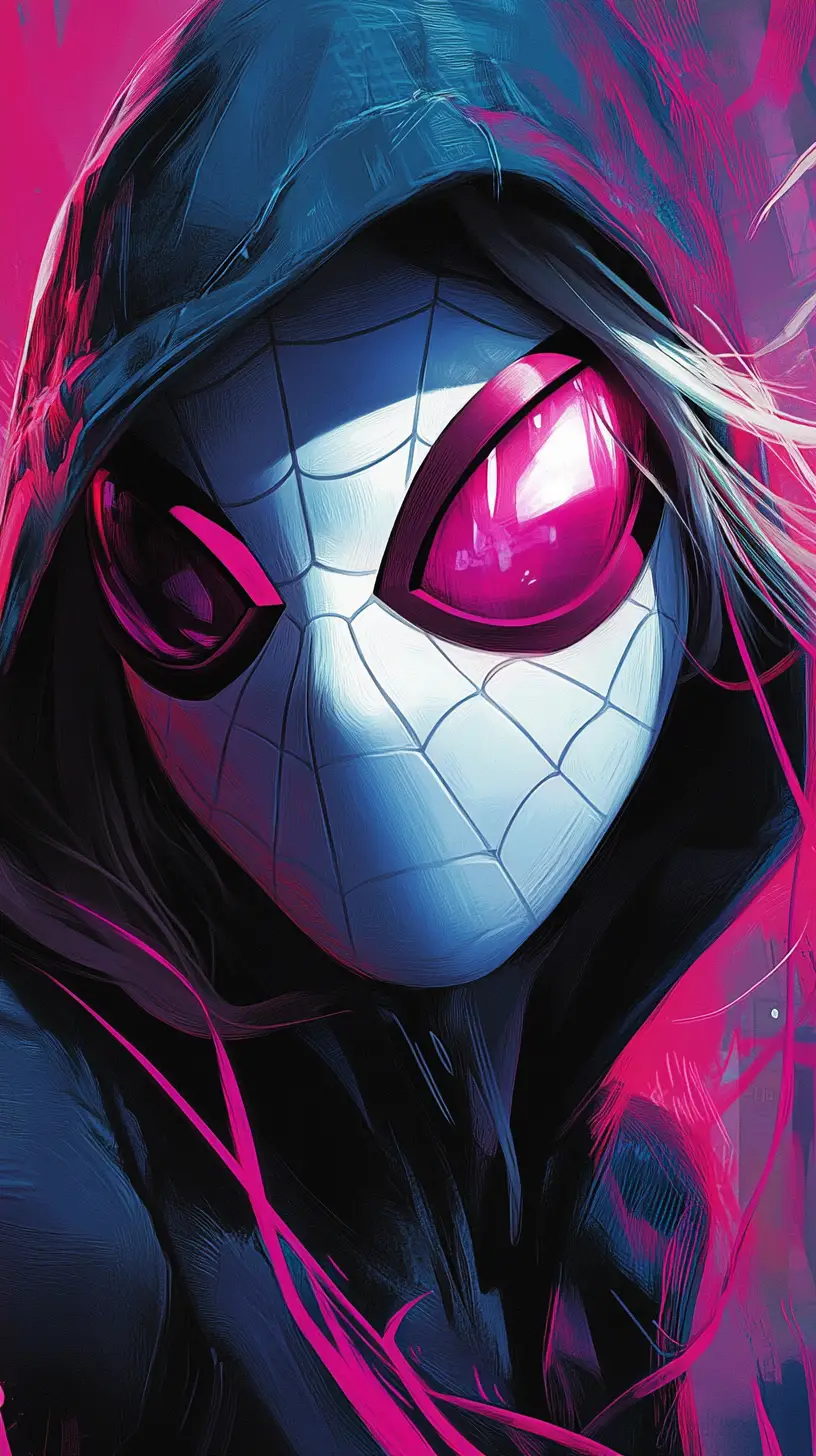 Close up comic heroine in hood with glowing mask