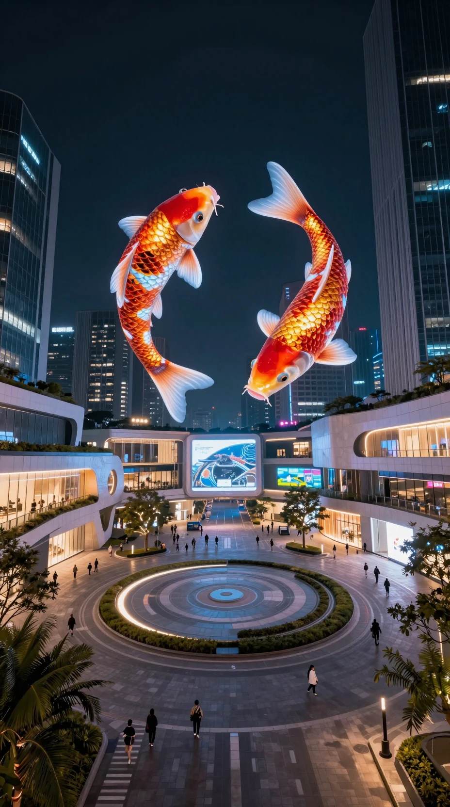 Futuristischer Stadtplatz mit holografischen Koi in der Nacht