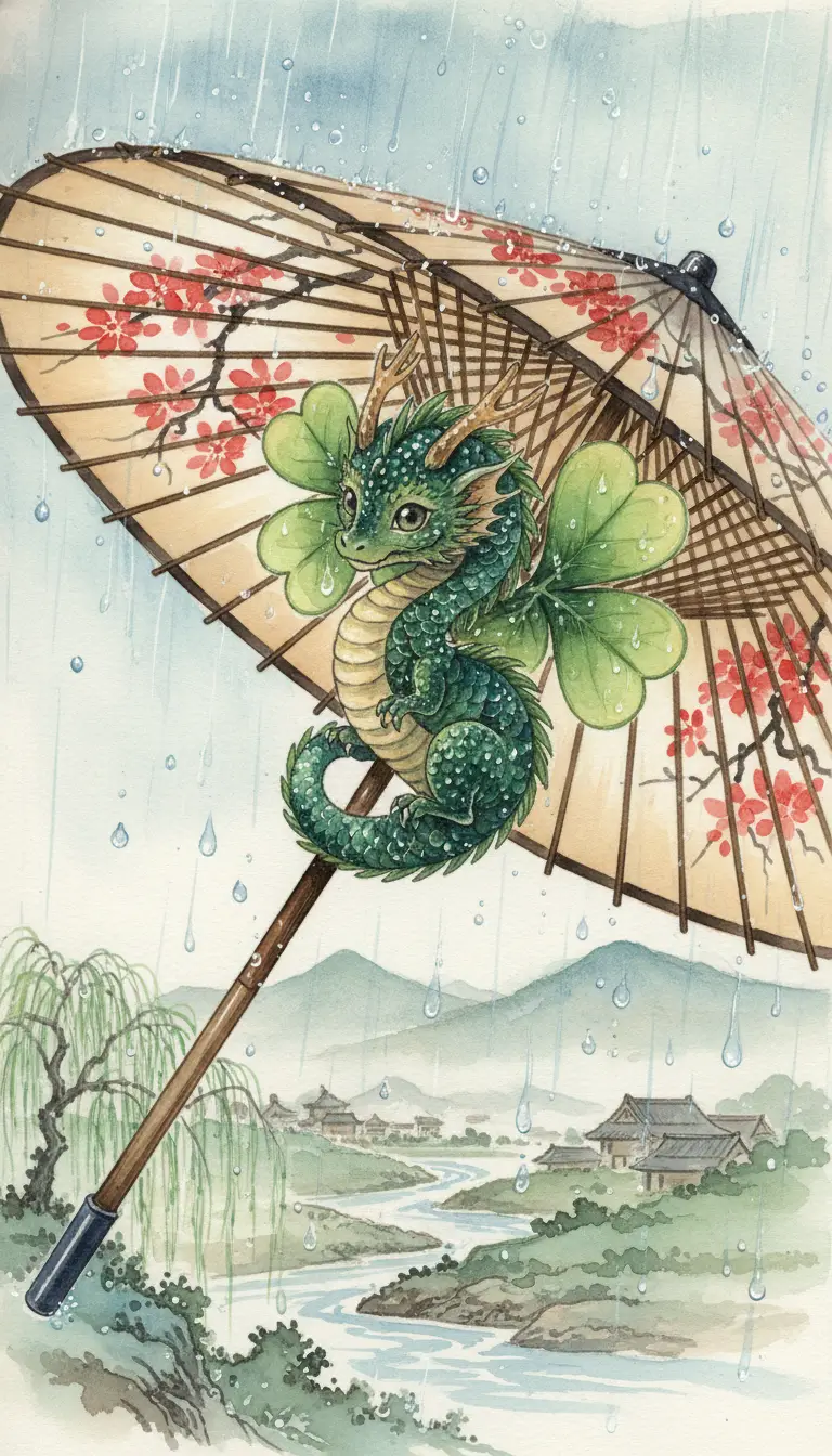Tiny watercolor dragon resting on an umbrella in rain