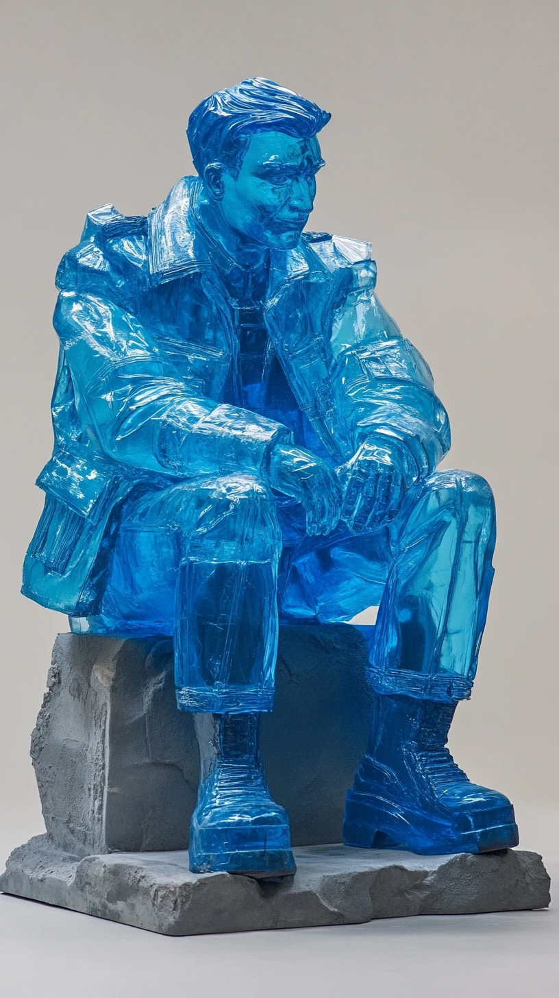 Transluzente blaue sitzende Figurenskulptur auf Steinbasis