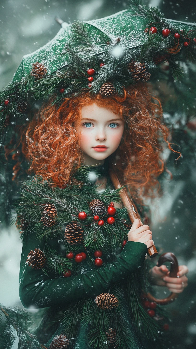 Red haired girl in pine dress in a snowy forest