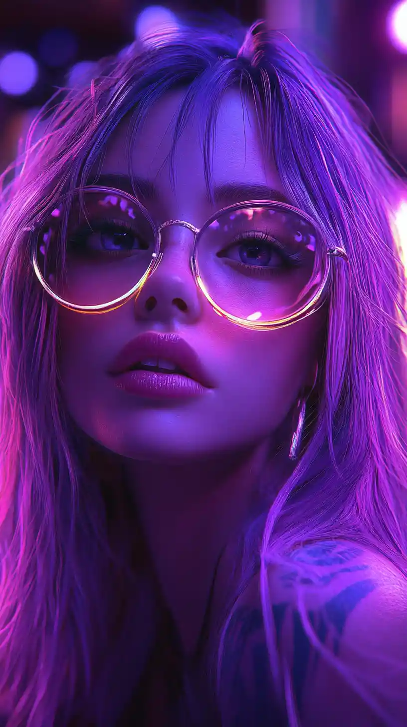 Silver haired anime girl in neon night portrait