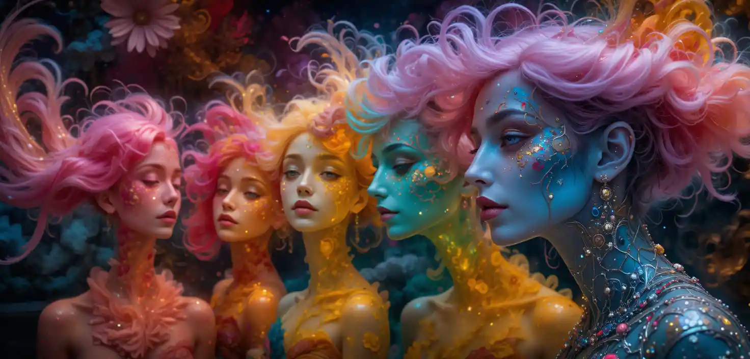 Colorful whimsical woman in a fantastical graphic illustration