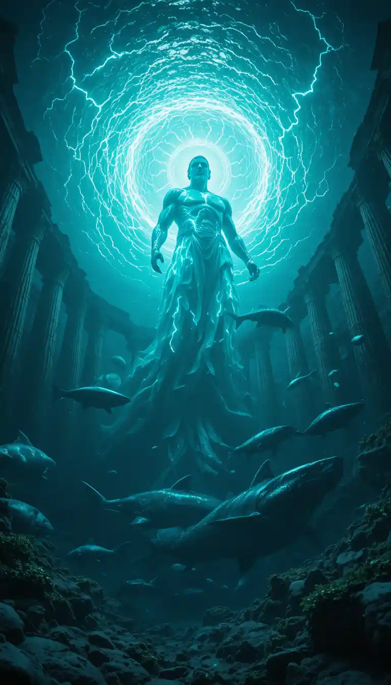 Gigantic sea god rising above underwater temple ruins