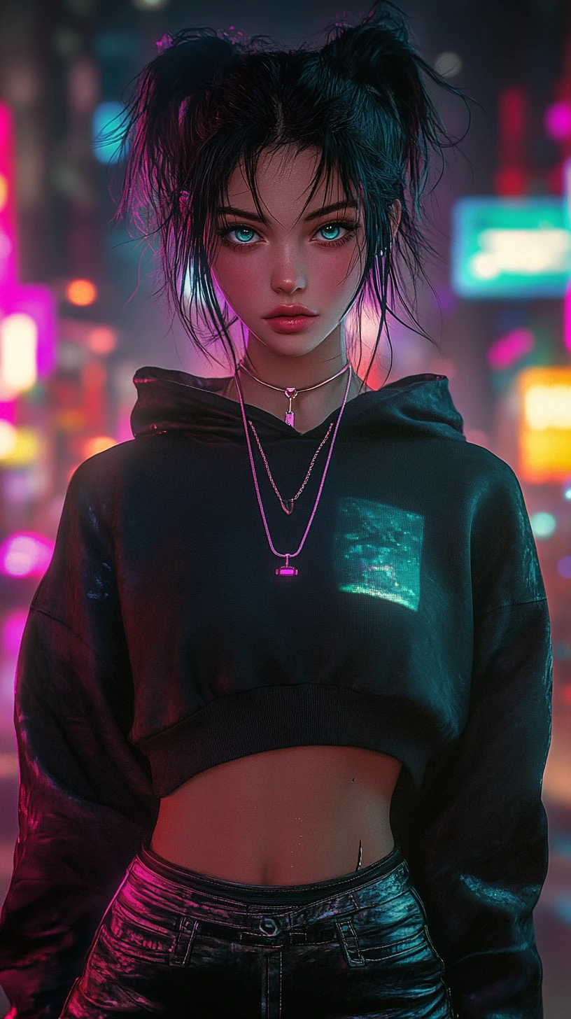 Cyberpunk anime girl with neon lights in the city