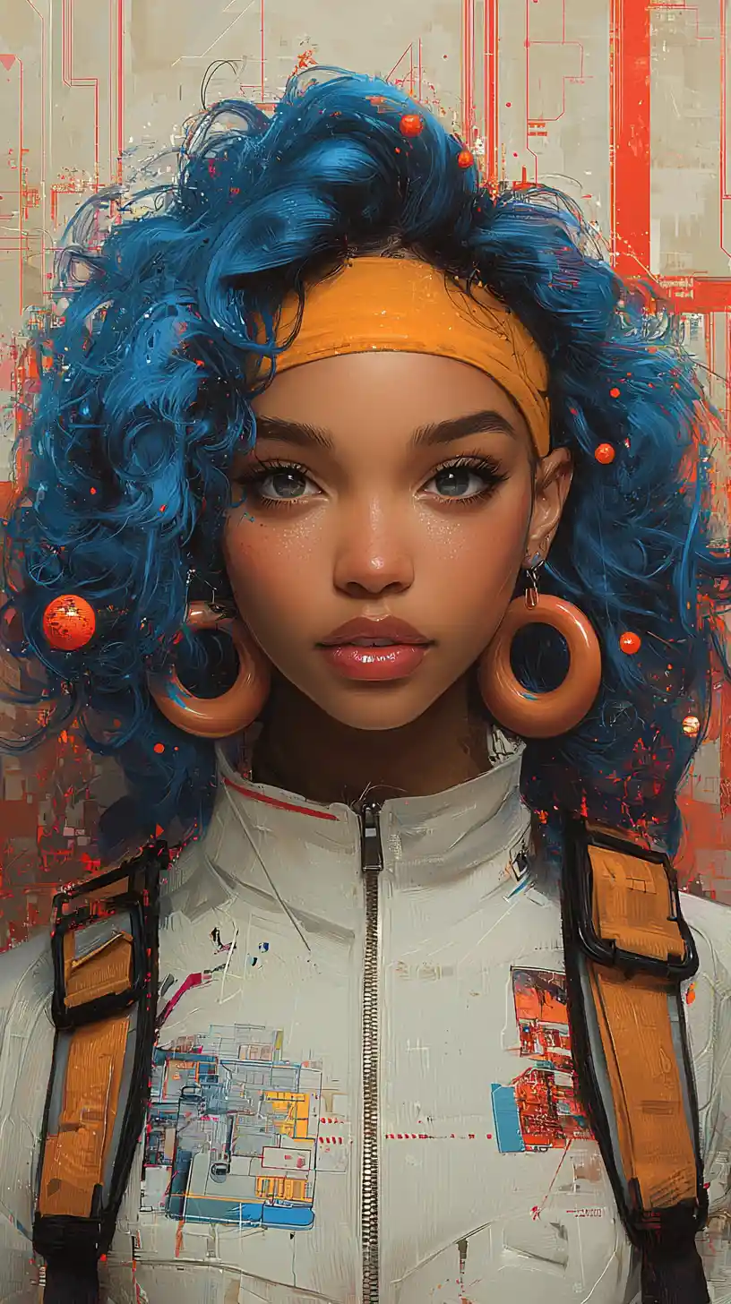 Blauhaarige Frau in einer futuristischen roten und orangefarbenen Landschaft