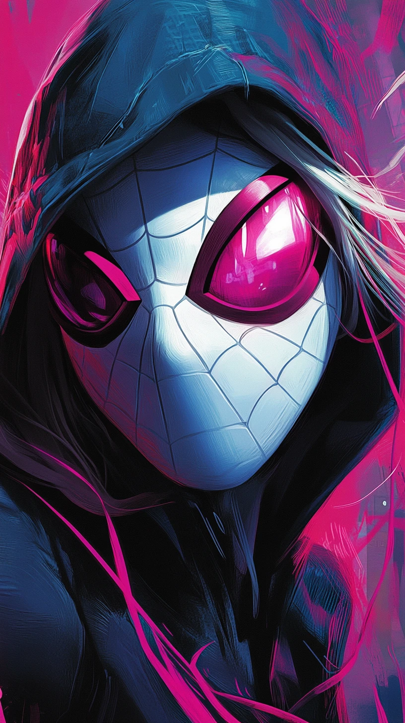 Close up comic heroine in hood with glowing mask