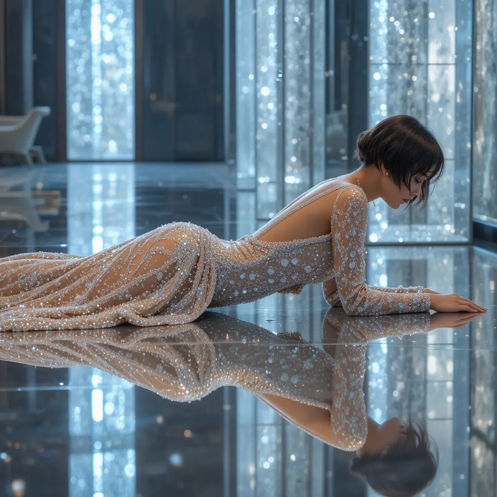 Femme glamour en robe de cristal sur sol réfléchissant