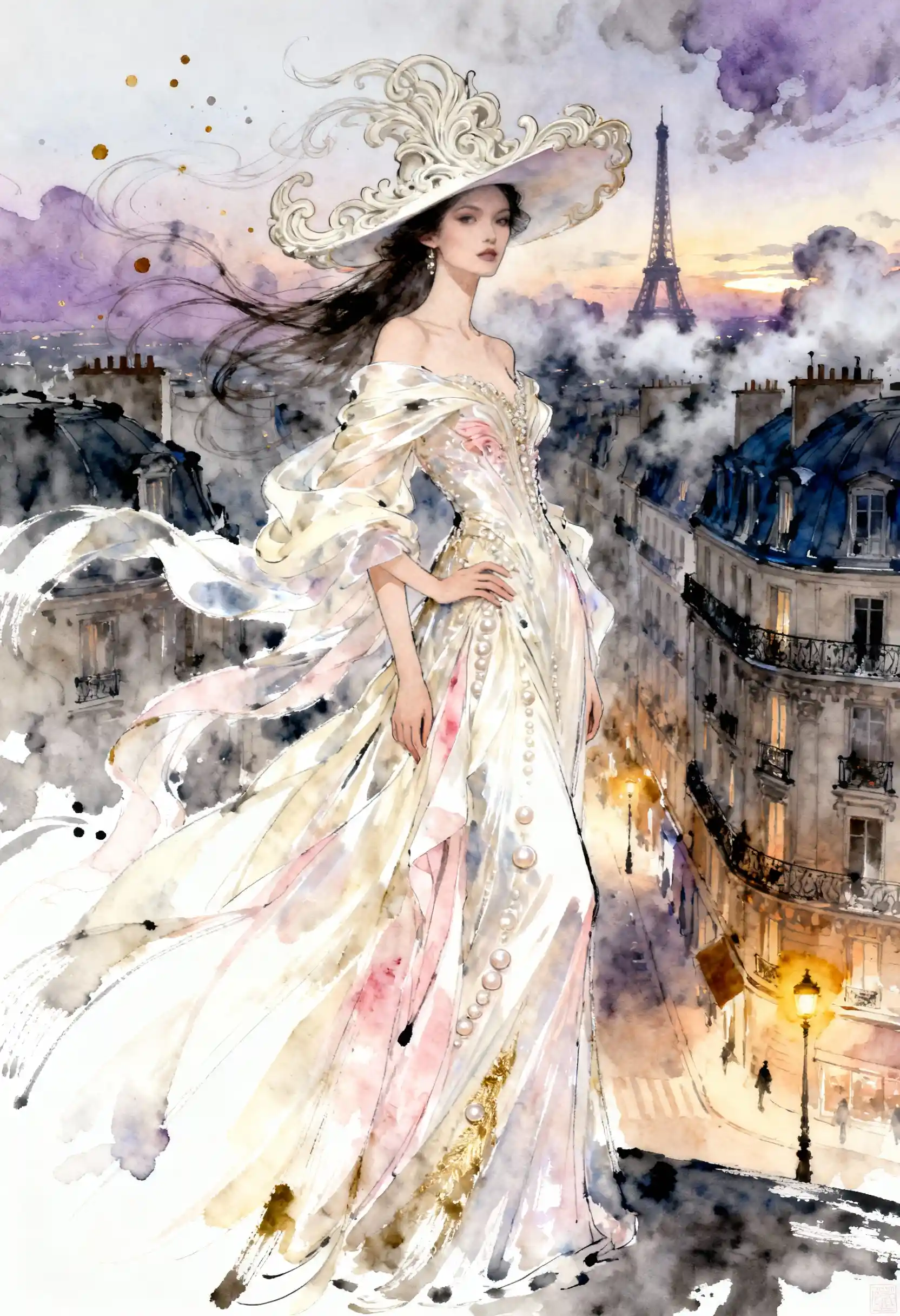 Ethereal couture woman in flowing gown on Paris street
