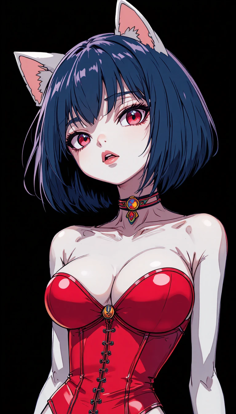 Low angle anime cat girl in red pvc corset