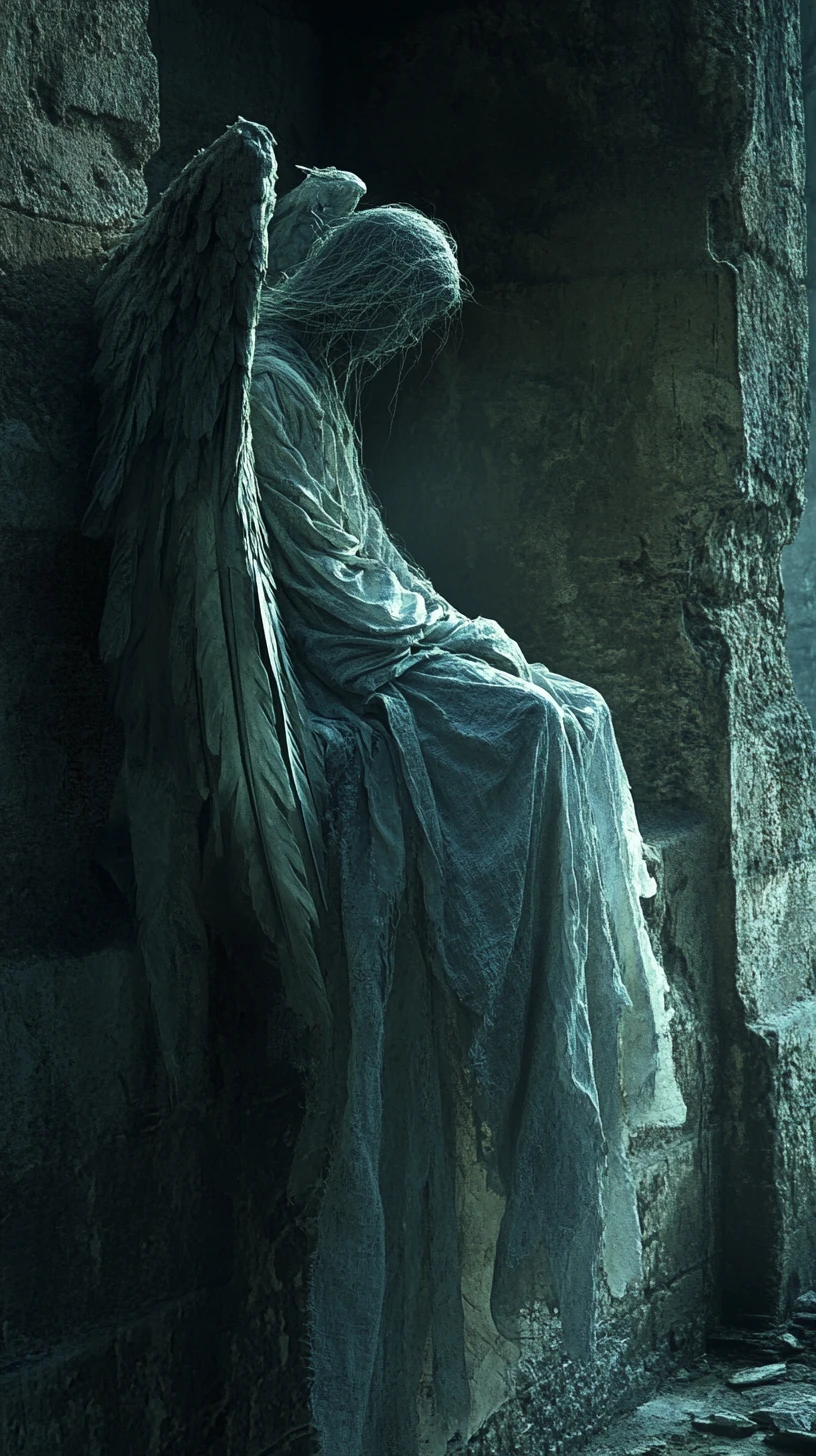 Angel with tattered wings in a dark ancient tower niche