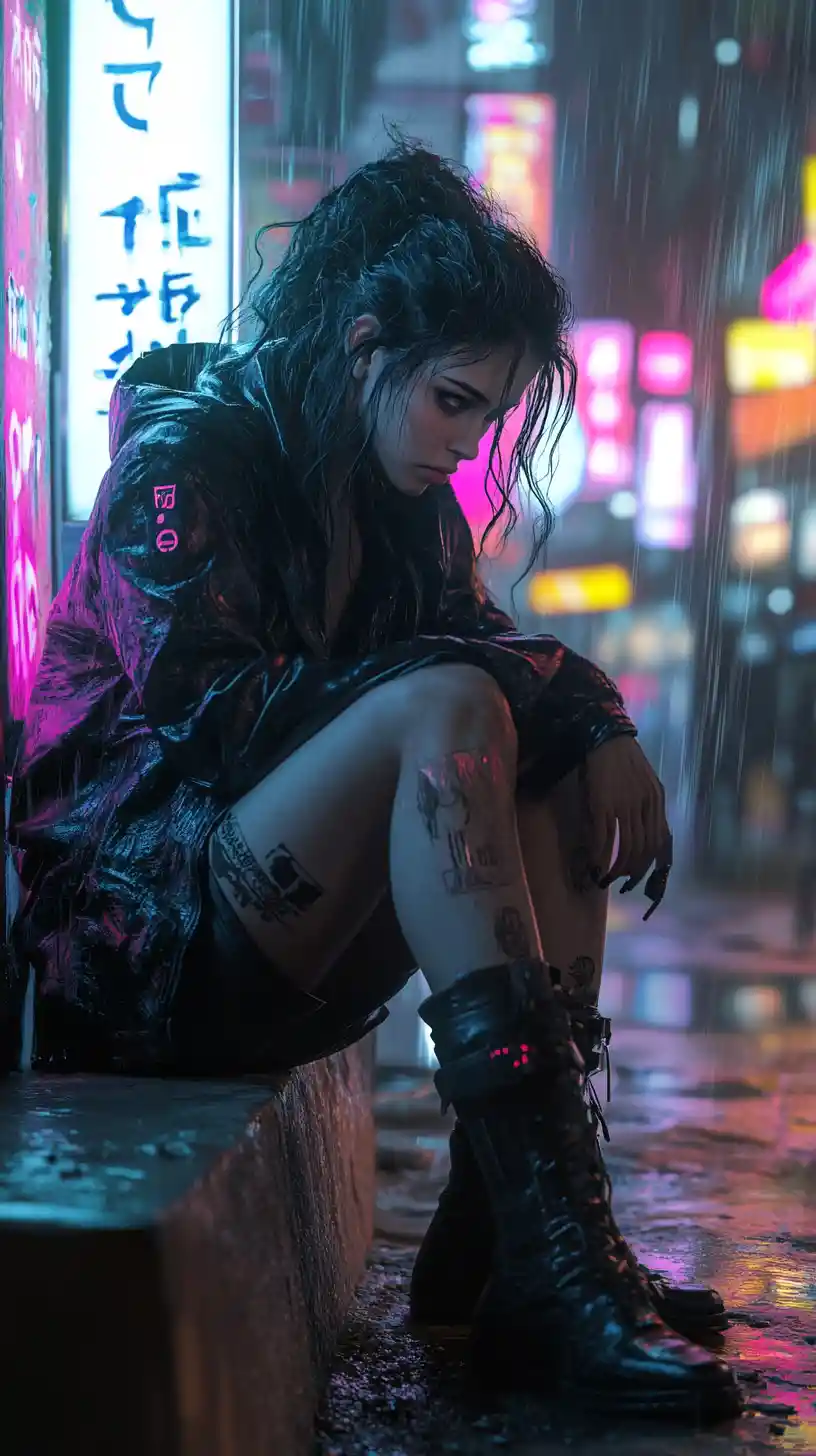 Mulher melancólica em um beco cyberpunk iluminado por neon
