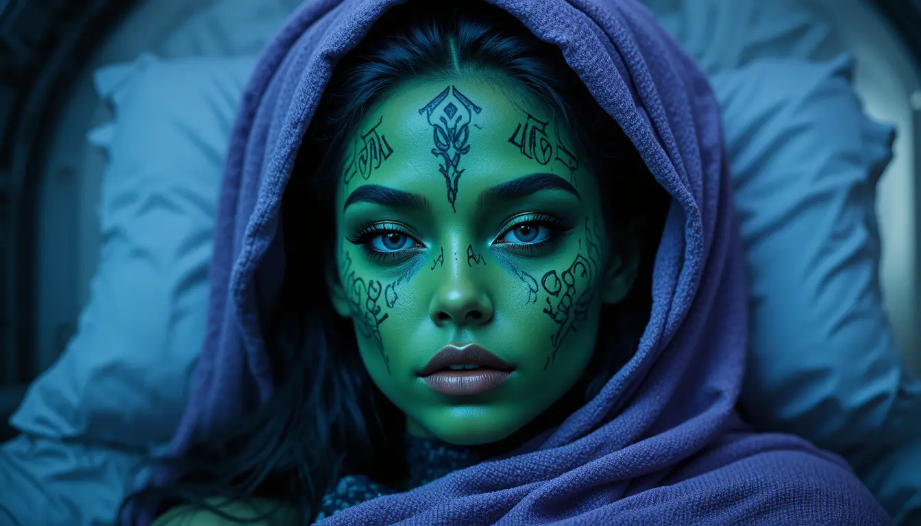 Green skinned alien woman in a dark spaceship cabin