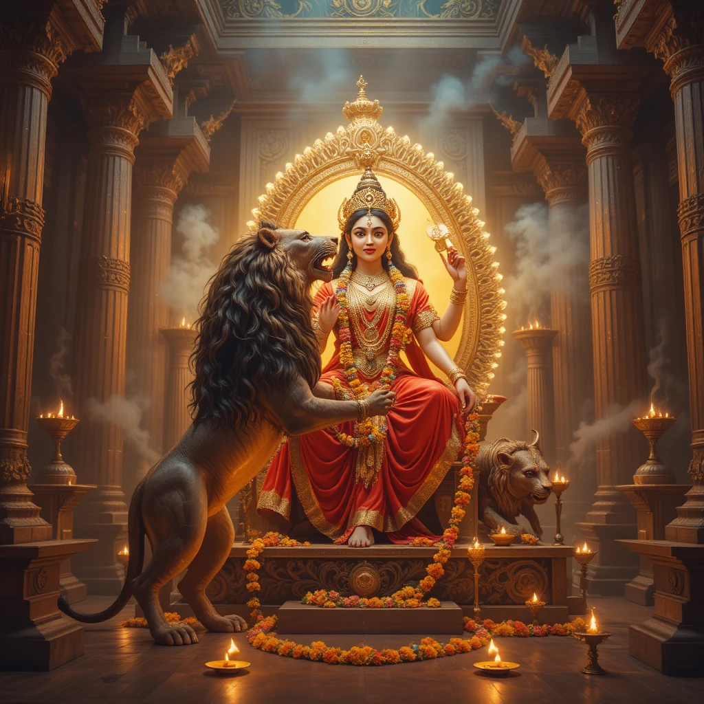 Leone che Offre una Ghirlanda alla Dea Durga all’Interno del Tempio
