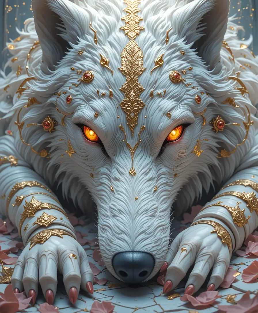 Armored anime girl with giant celestial wolf companion