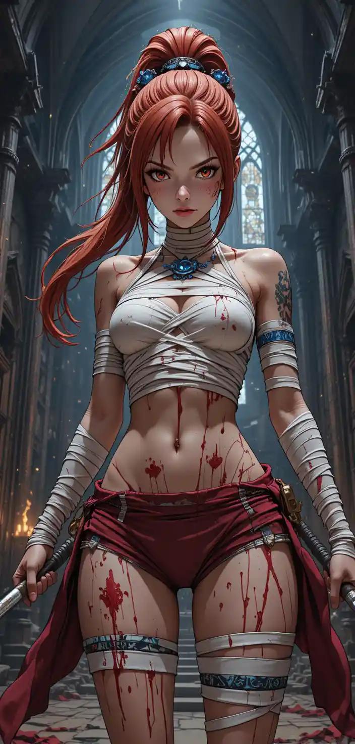 Bandaged warrior woman in ruined gothic cathedral with talismans