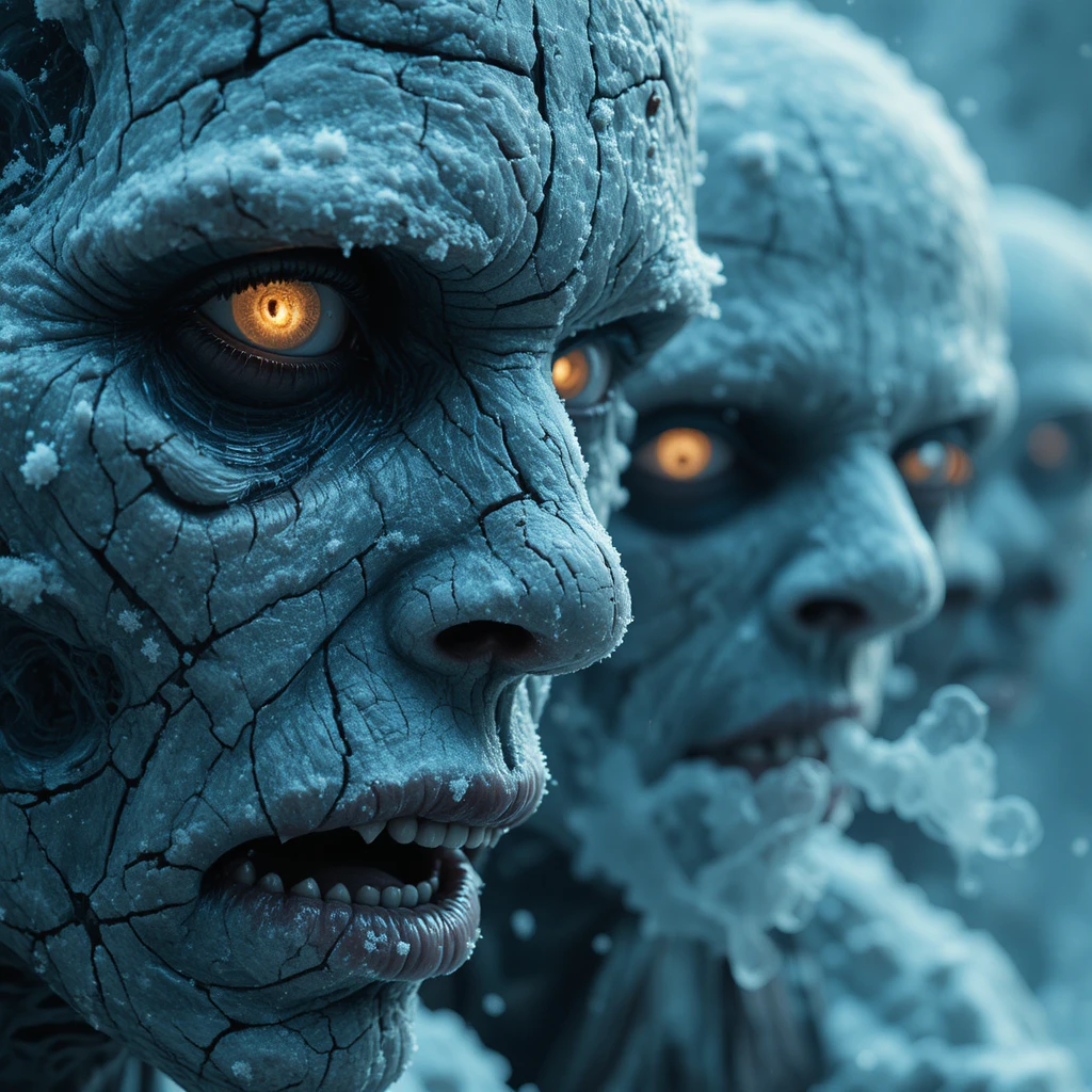 Nahaufnahme gefrorener Zombies mit rissigen eisigen Gesichtern