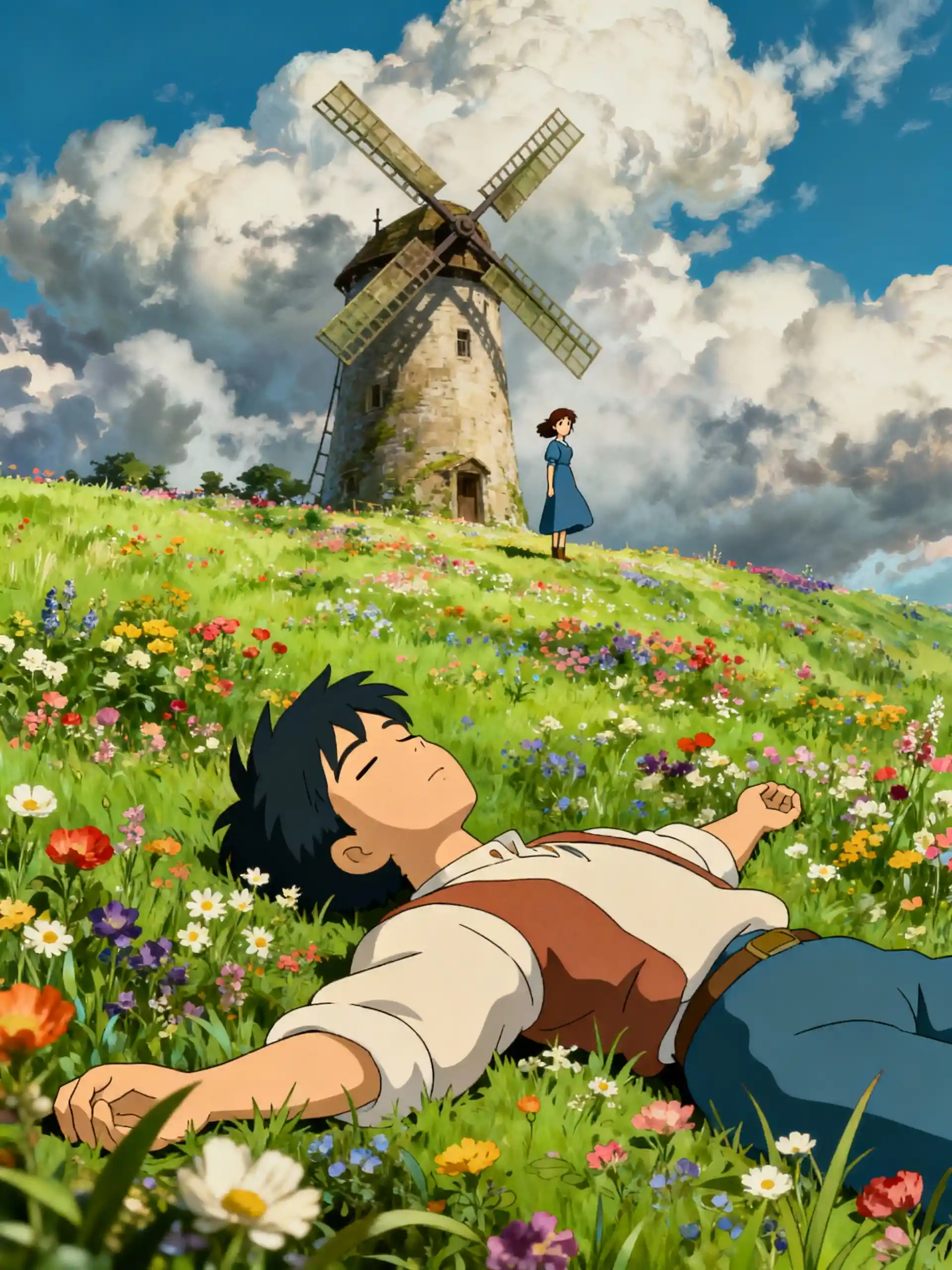 Boy resting in wildflower field on a sunny hillside