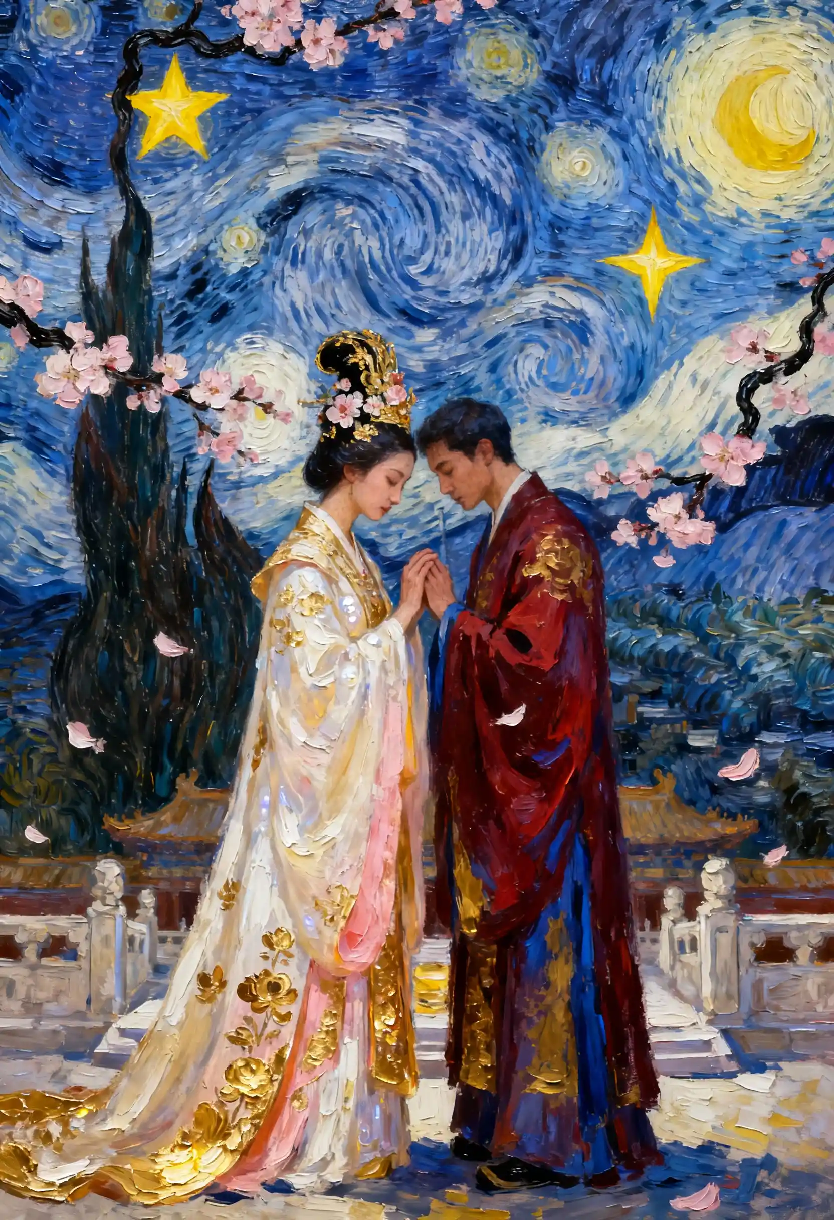 Imperial couple beneath a swirling night sky