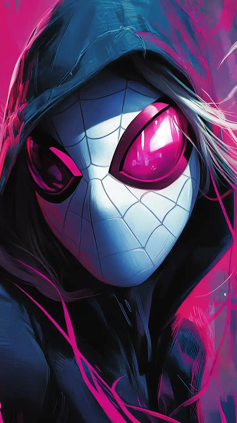 Close up comic heroine in hood with glowing mask