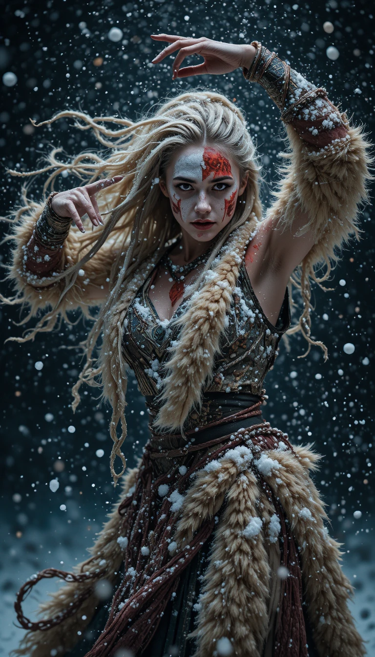 Warrior woman dancing in falling snow with tribal war paint