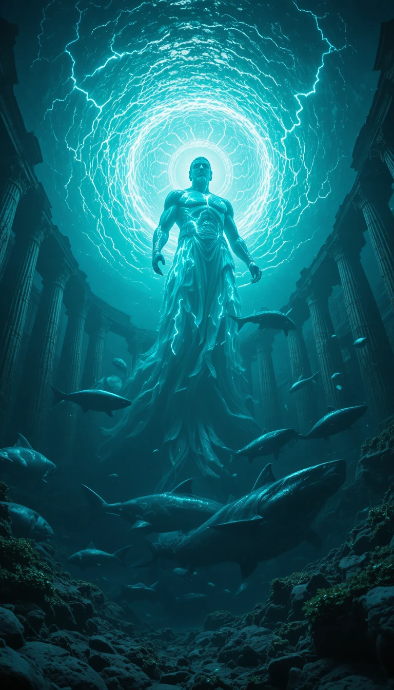Gigantic sea god rising above underwater temple ruins