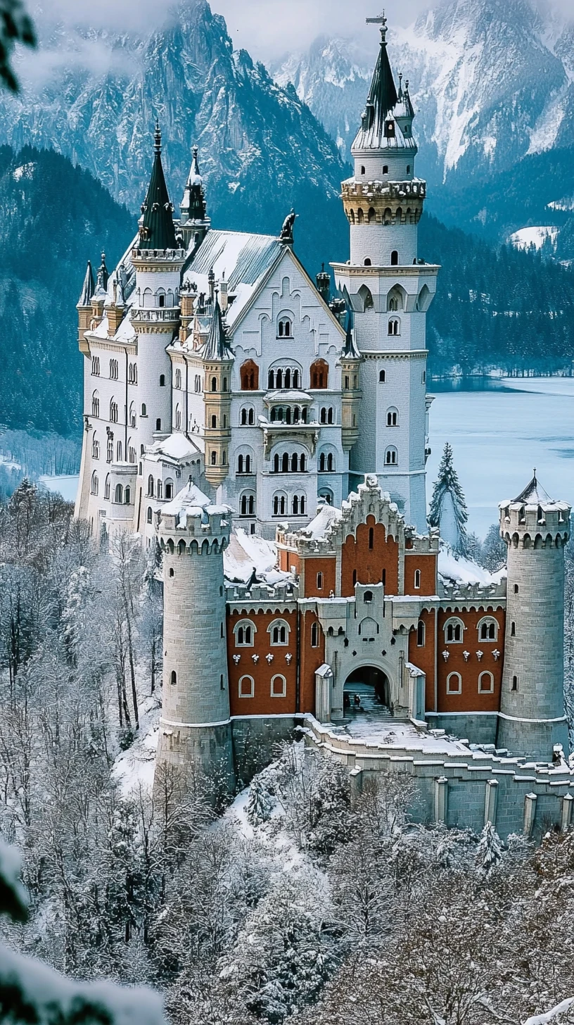 Maestoso castello medievale in paesaggio montano innevato e luminoso
