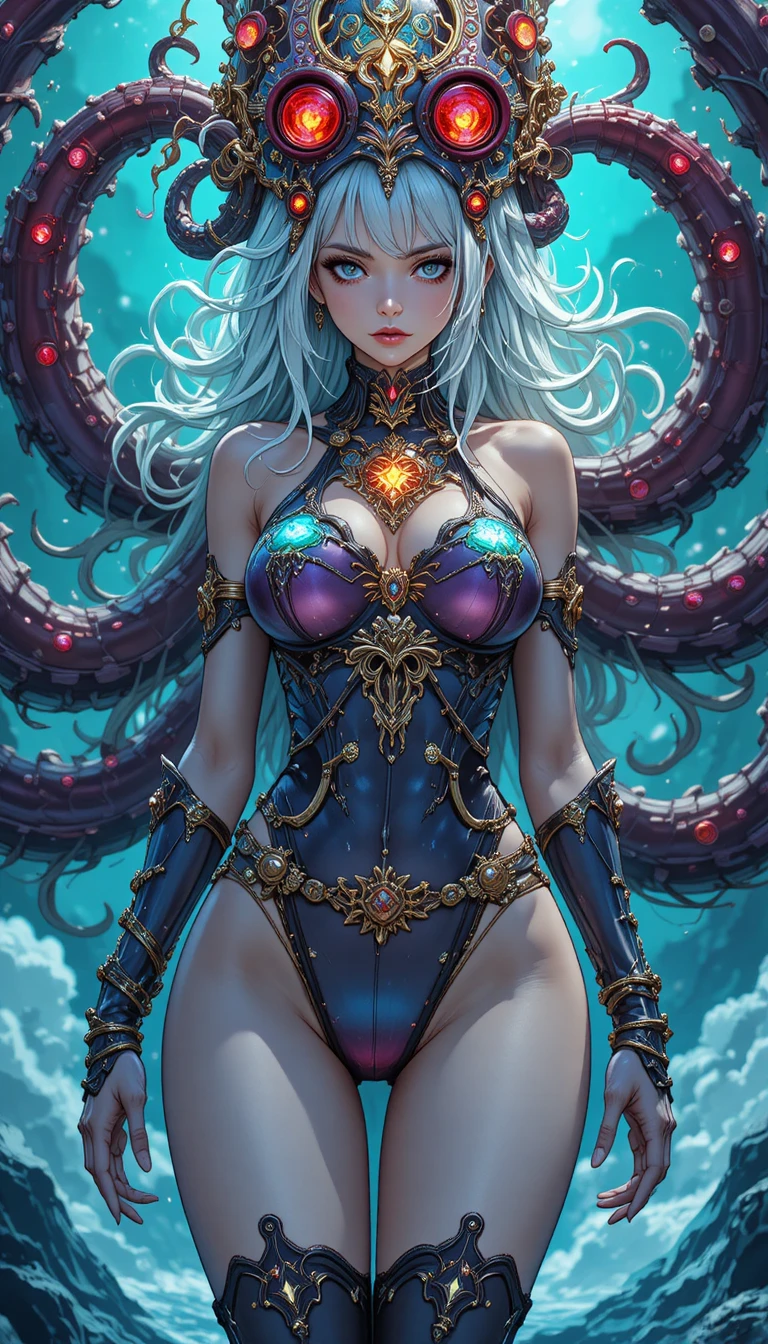 Anime jellyfish warrior woman with glowing tentacle armor